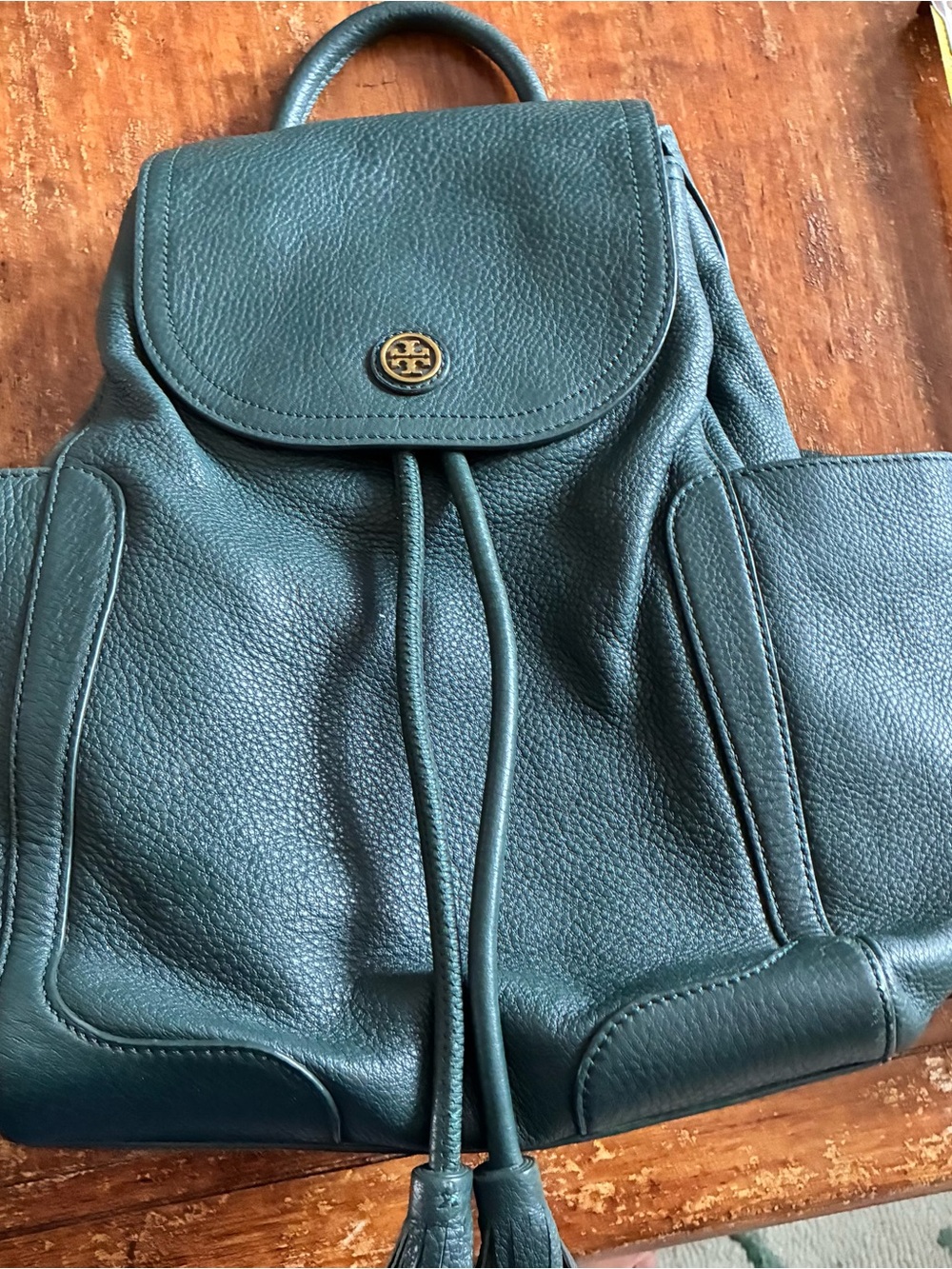 Tory Burch Teal Pebbled Leather Drawstring Backpack with Gold Logo